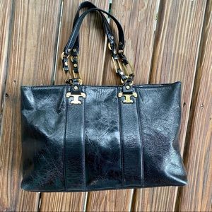 COPY - Tory Burch Handbag Nico East/West Tote Leather Black Distressed Patent &…